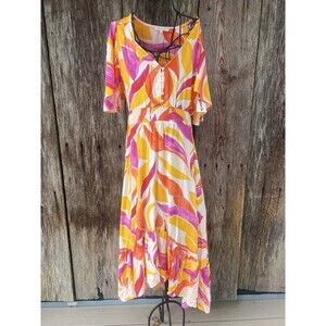 Abel the Label Anthropologie Swish Hi Lo Dress Size X Small Orange Pink Smocking